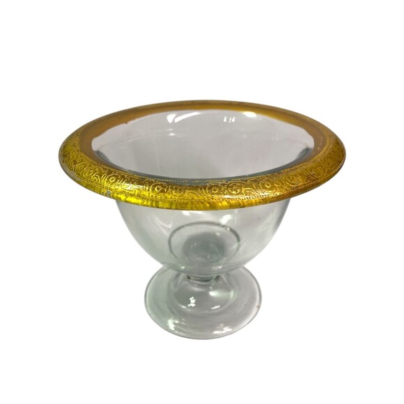 Vintage Glass Footed Candy Bowl Gold Encrusted Rim Paint Scroll Crystal Compote - Picture 2 of 11